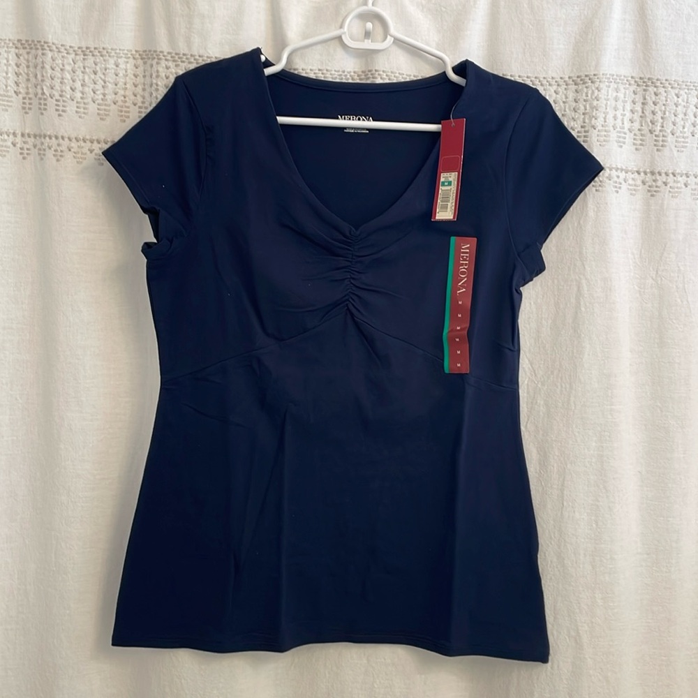 NWT! Merona V neck Shirred Tee Shirt - Size M - Navy